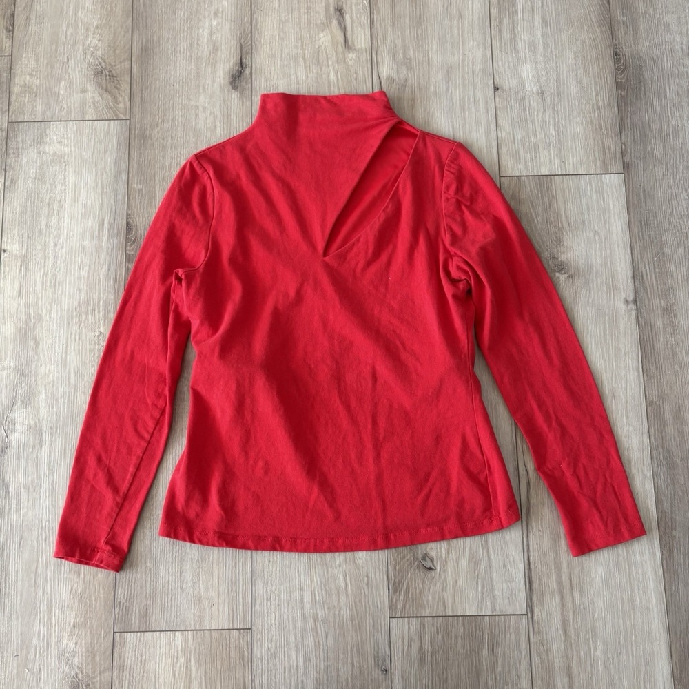 Boston Proper Red Mock Neck Blouse Sz Medium Long Sleeve Cut Out